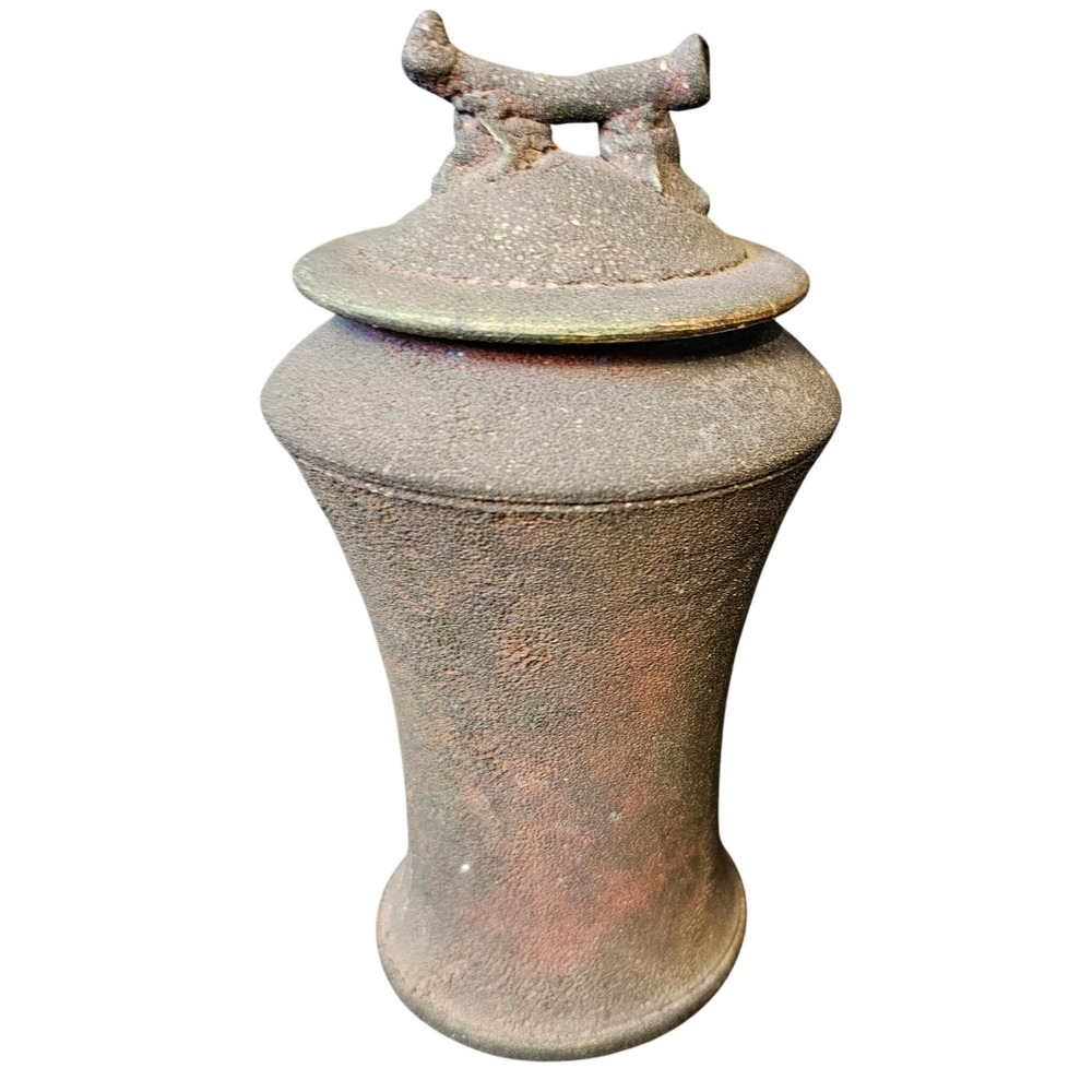 Jon Mak Studio Pottery Lidded Jar 1990 Textured Ceramic Urn Green Brown 8"
